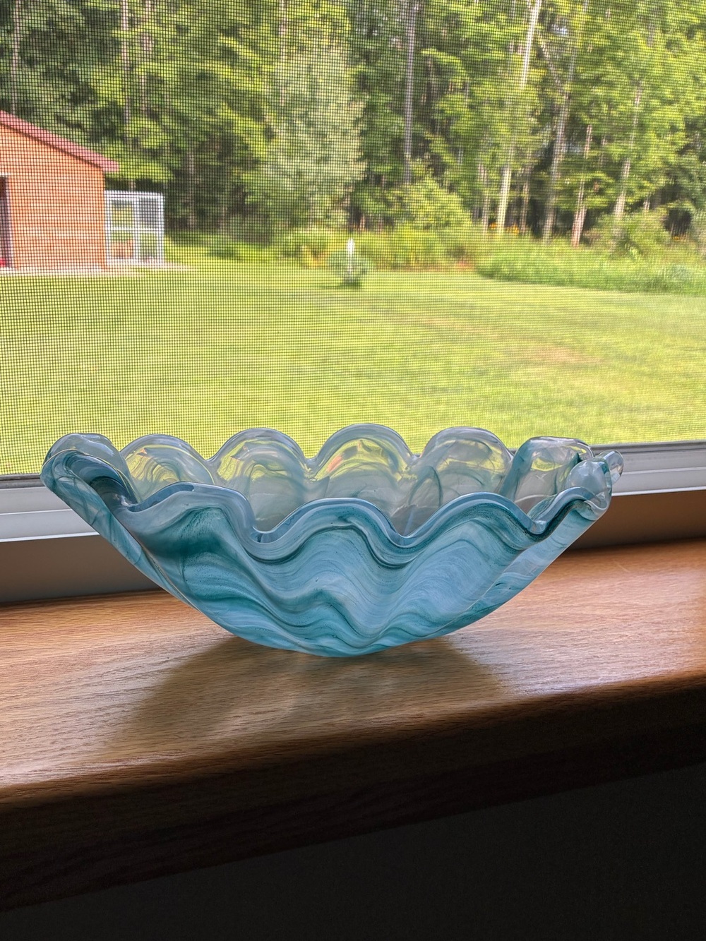 Art Glass Bowl Clam Shell Scalloped Look Aqua Blue Swirl